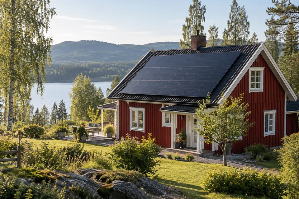 Illustration av ett falurött hus med solpaneler vid en sjö i ett dalalandskap