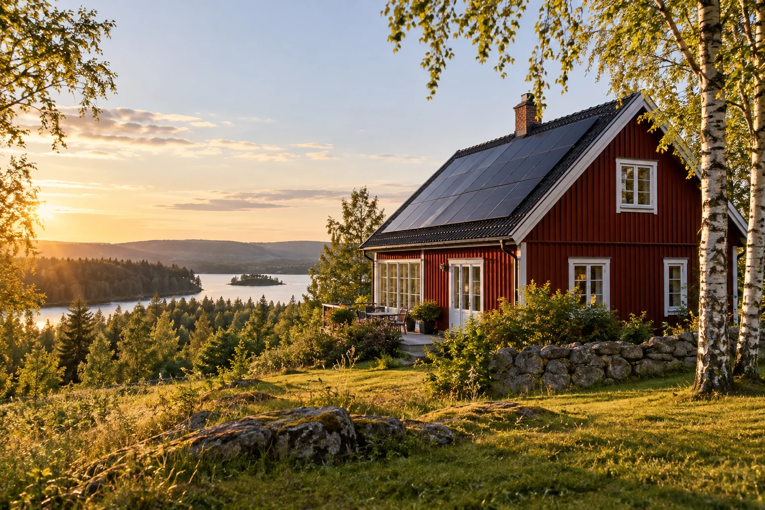 Illustration av ett rött trähus med solpaneler, björkar och skog